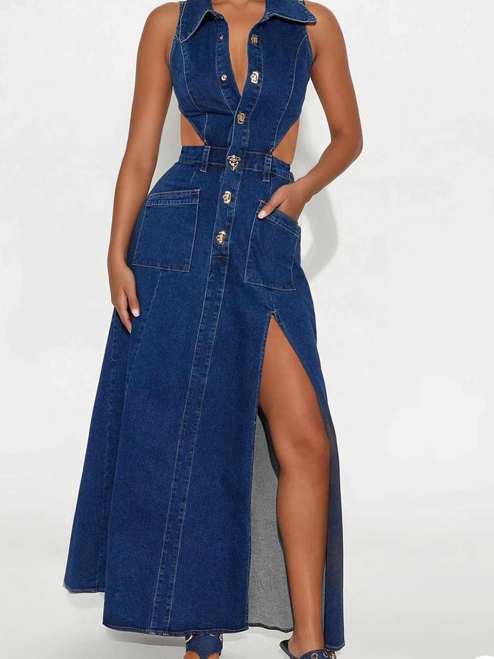 Denim Cut Out Collar Open Back Pocket Maci Jean Dress Gold buttons